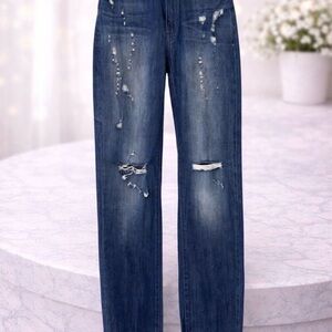 Aphrodite Distressed Straight Leg Jeans in Dark Blue